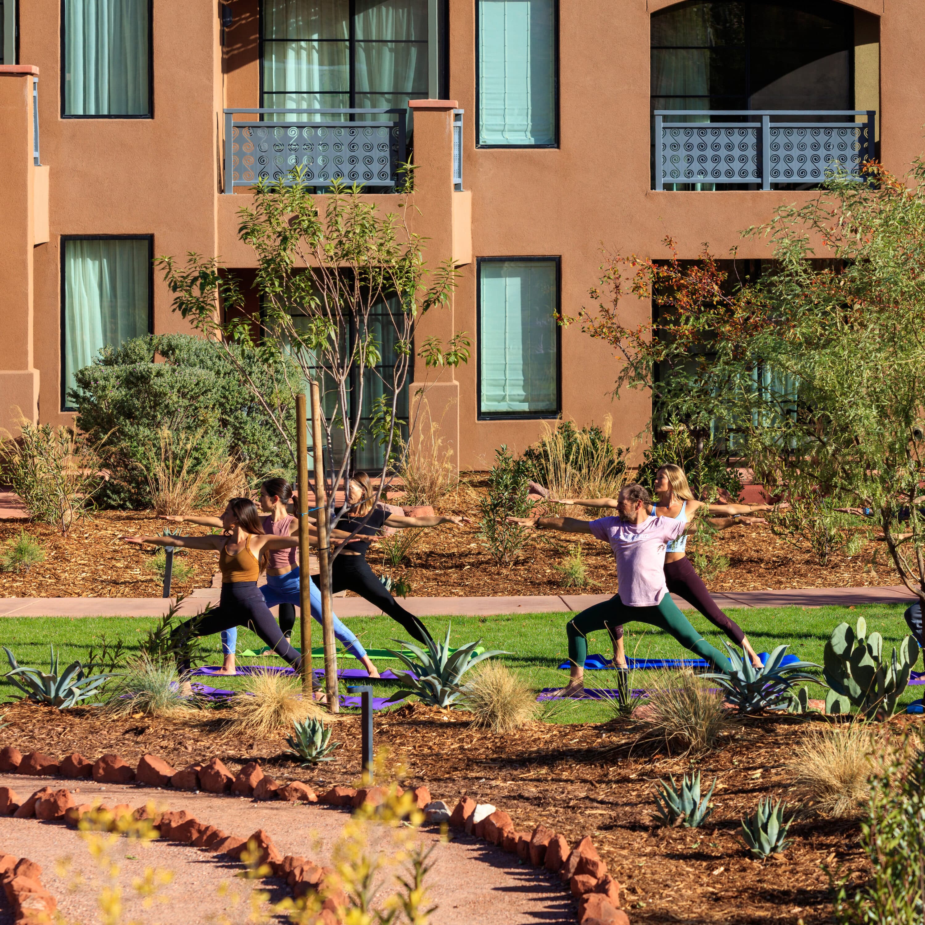 group of people doing yoga outside