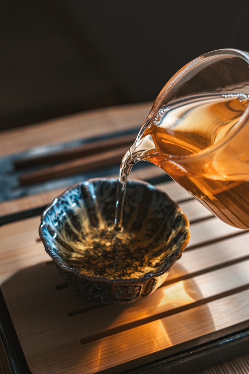 tea is poured into a crafted bowl, showcasing the exquisite art of the tea ceremony