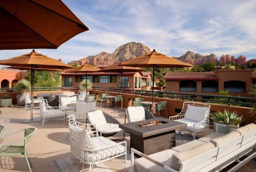 Sedona Wilde rooftop on beautiful sunny day with open fire seating areas