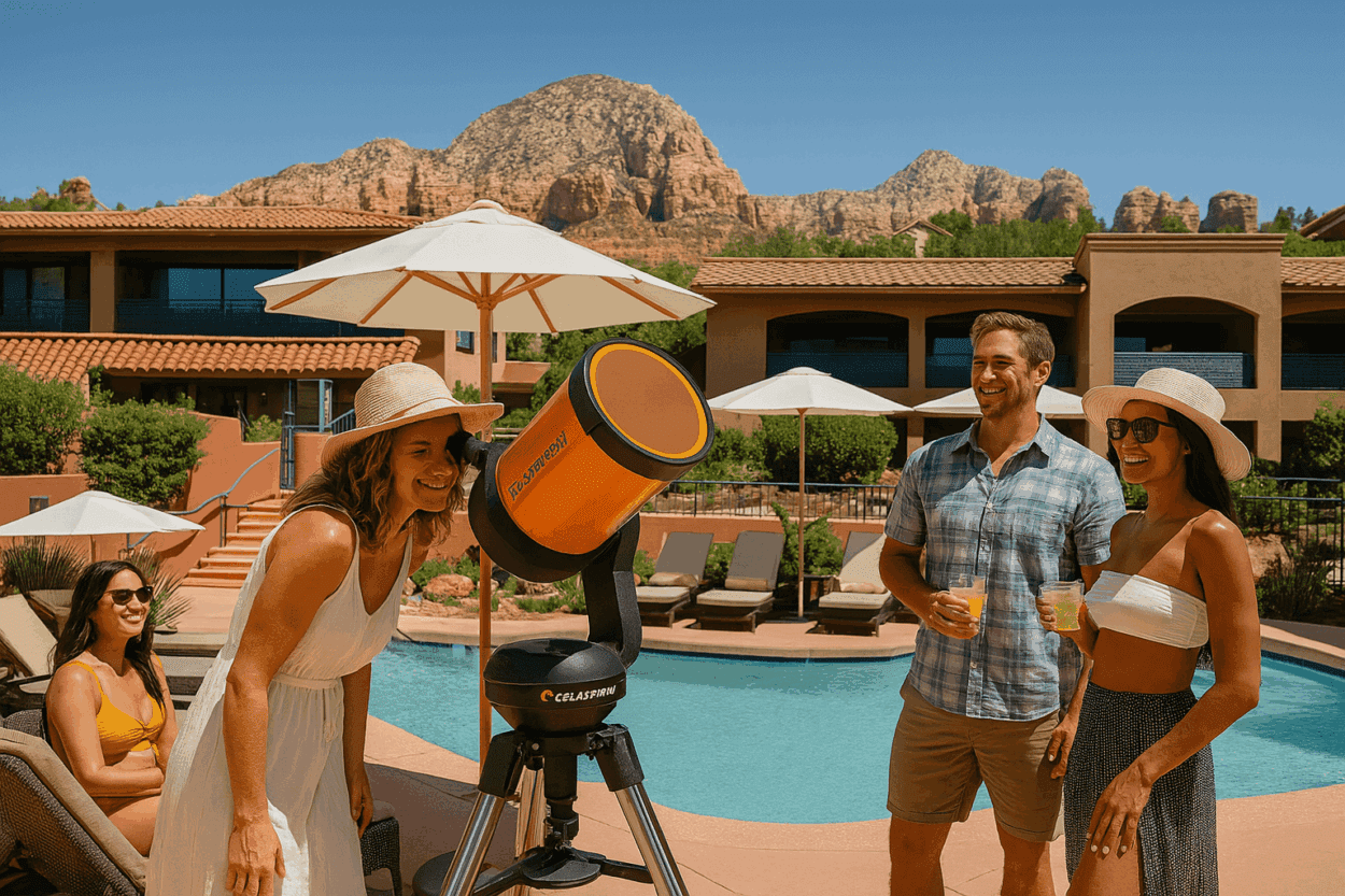 friends at the pool using telescope
